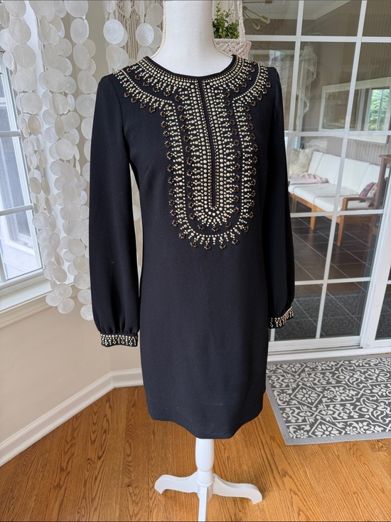 Trina Turk Dresses & Skirts - Trina Turk Womens Black Beaded Long Sleeve Shift Dress 0 Gold Detailing